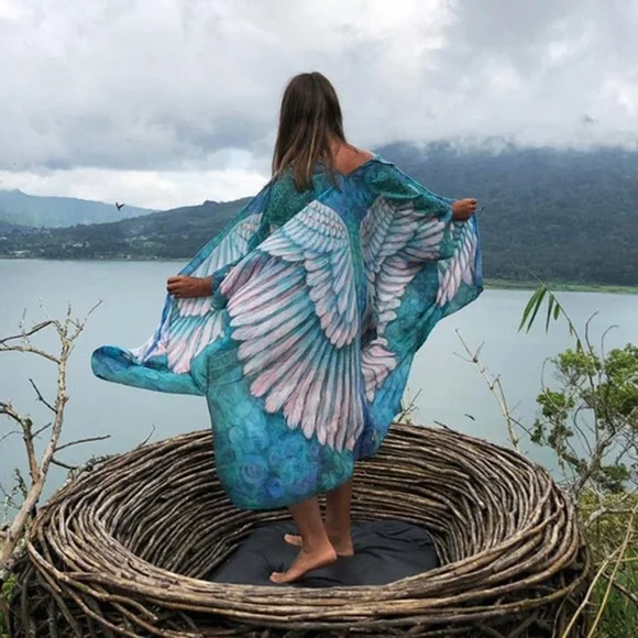 Bohemian Feather Wings Geo Print Kimono Beach Cover up - Picture 3 of 13